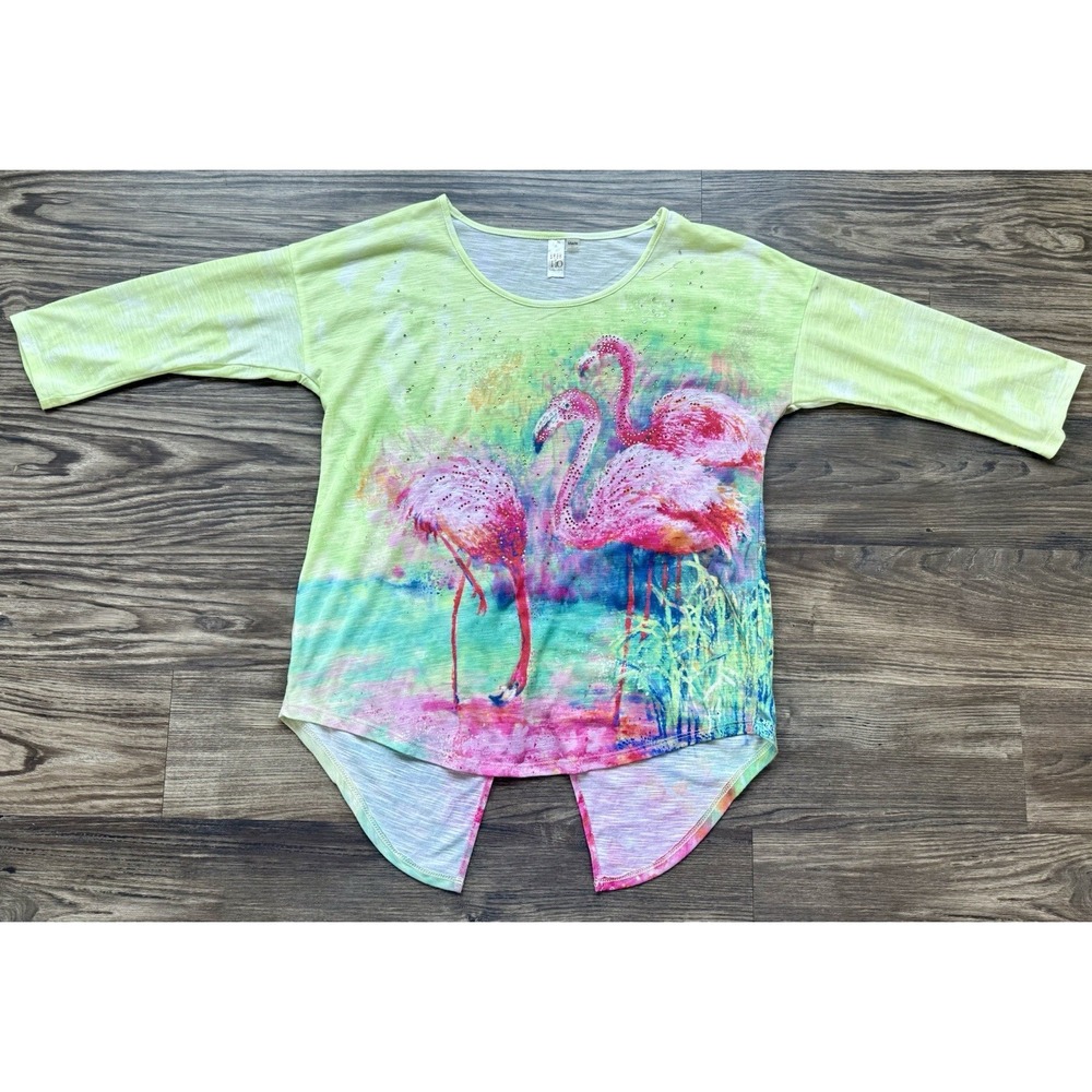 SOLD Thomas and Olivia Women's Top Sequins Shirt Size L ~ Flamingo ~ 3/4 Sleeve
